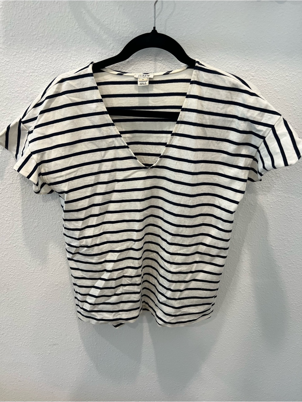 J. Crew White and Black Striped V-Neck Tee